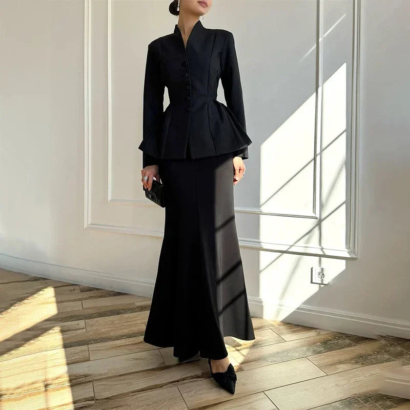 Solid Stand Collar Women Blazer Set Hip Package Slim Lady Long Skirts Sets 2025 Elegant Office Single-breasted Female Coat Suit