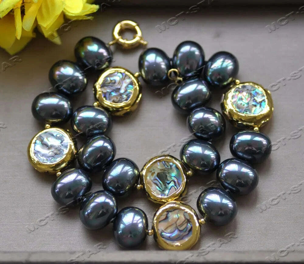 KIMLUD, Z12723 18" 25mm Abalone Shell Gold-Plated Peacock-Black White Egg South Sea Shell Pearl Necklace, KIMLUD Womens Clothes