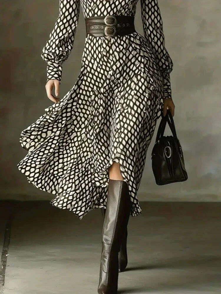 KIMLUD, Spring and summer new style lapel print women's long sleeved dress diamond grid waist casual and comfortable dress, KIMLUD Womens Clothes