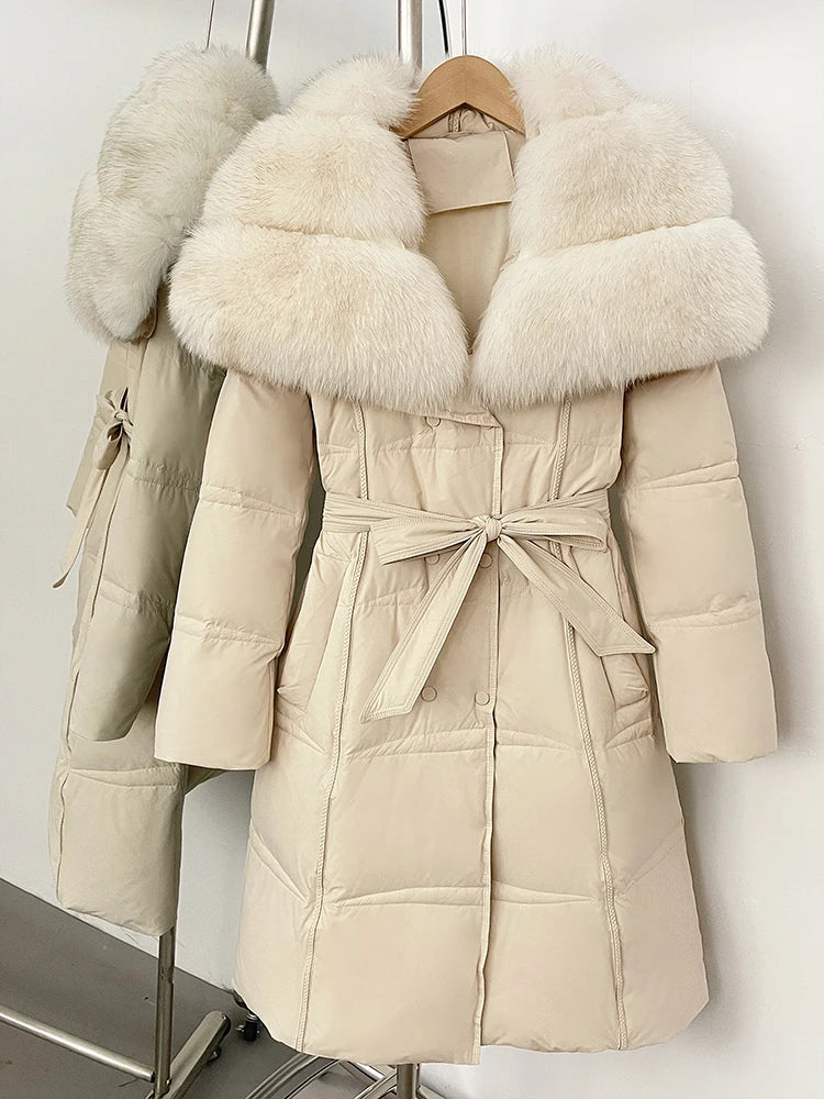 Long Real Fox Fur Collar Down Coat — Natural | KIMLUD