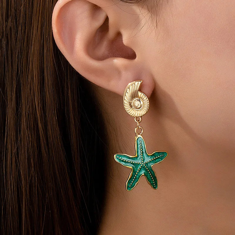 Conch Earrings for Women Fashion Children's Fun Ocean Series Metallic Color Starfish Beach Holiday Style Banquet Gift