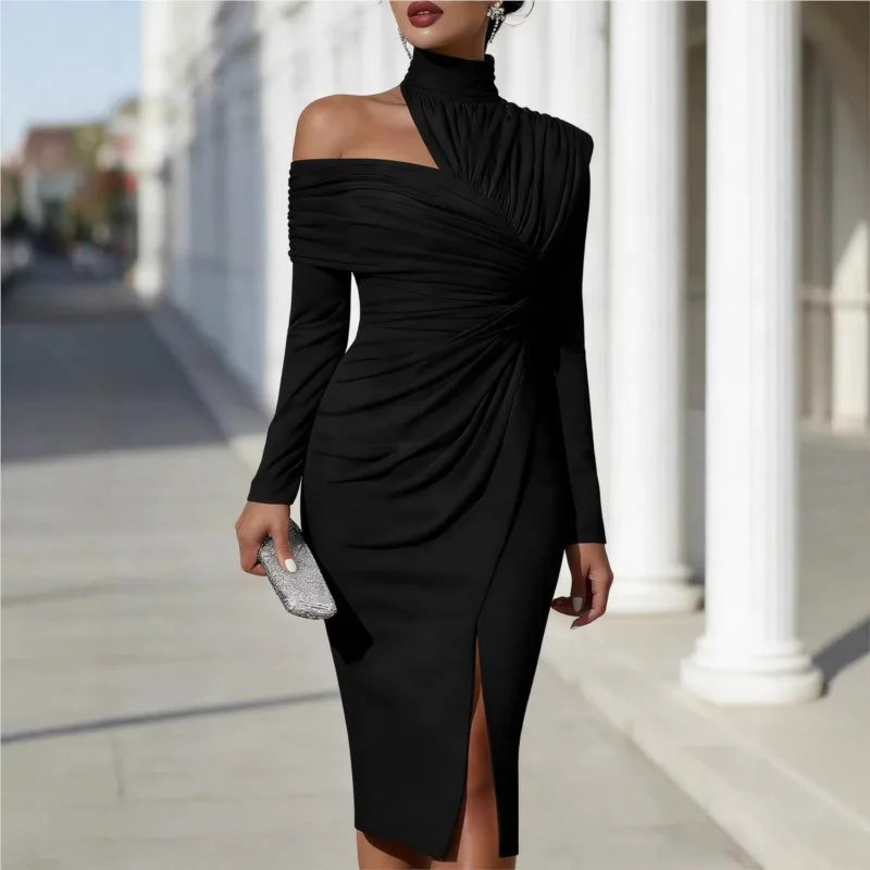 Polyester Knit Dress Off-Shoulder Long-Sleeve Pleated Slit — Black | KIMLUD