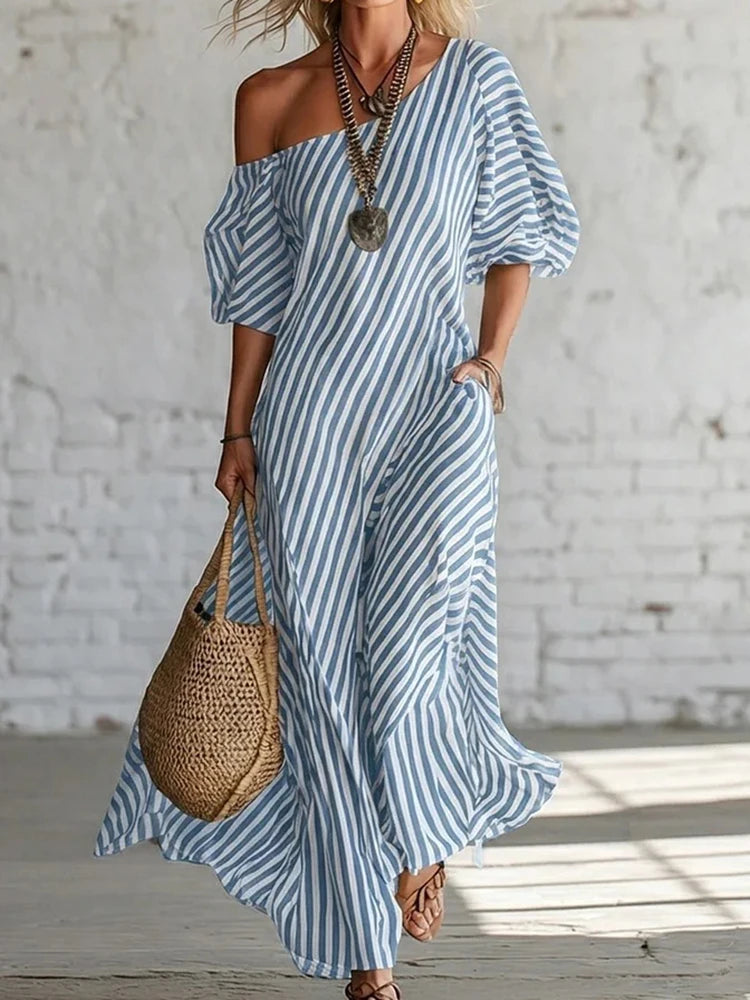 Polyester Patchwork Striped Maxi Dress — Black | KIMLUD