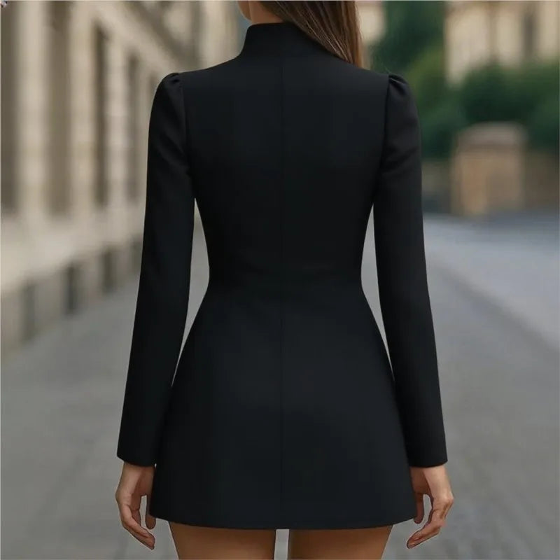 Retro Long Sleeve Metal Button Dress Women Elegant High Neck Short Dresses Lady New Chic Highstreet Party Robes
