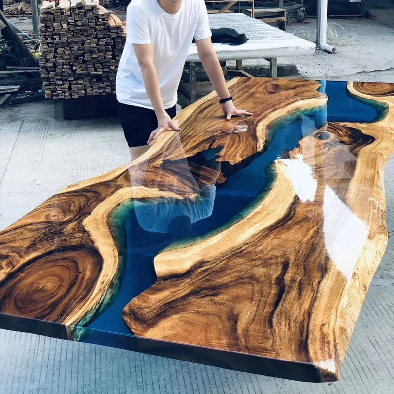 Walnut Wood Dining Table Top Amber Resin River — Walnut | KIMLUD