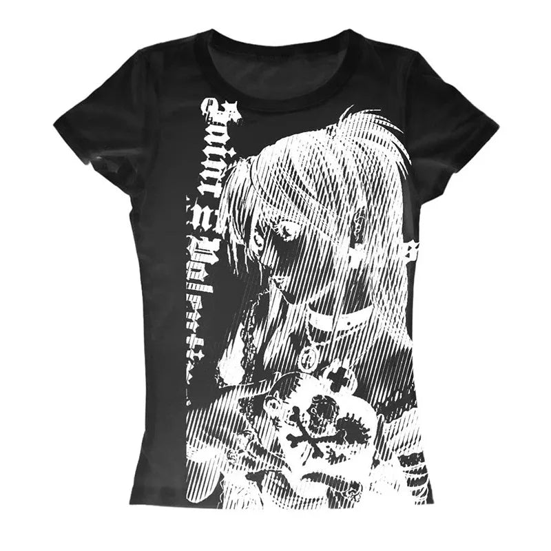 Y2K Fashion T shirt fairy grunge Summer E-girl White Black Crop Top Slim 2000s Harajuku Goth Locomotive wind Short Sleeve