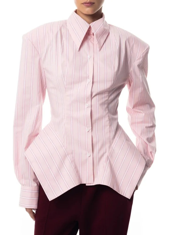 Fitted Striped Shirt Asymmetric Hem — Pink | KIMLUD