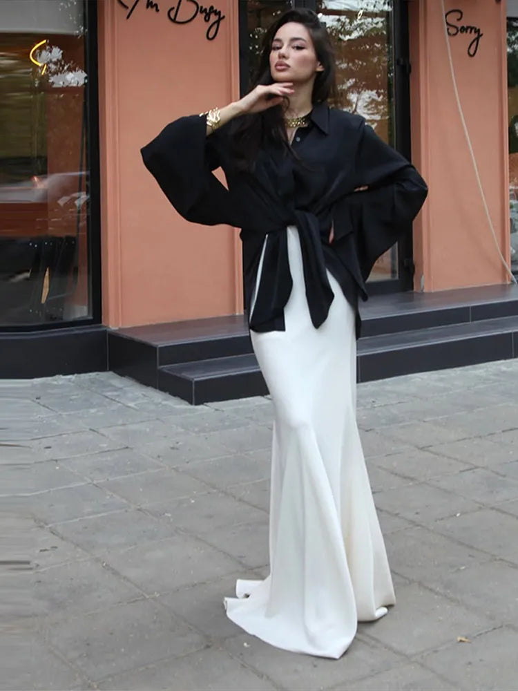 Blouse Skirt Set – Lace Up Lapel – Blended Fabric | KIMLUD