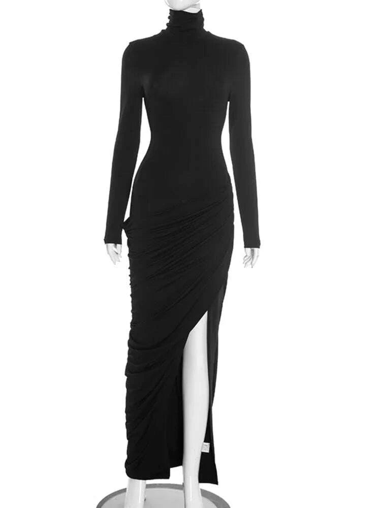 KIMLUD, Mozision Turtleneck Long Sleeve Sexy Maxi Dress Women Elegant Autumn Winter High Waist Ruched Thigh High Split Club Long Dress, KIMLUD Womens Clothes