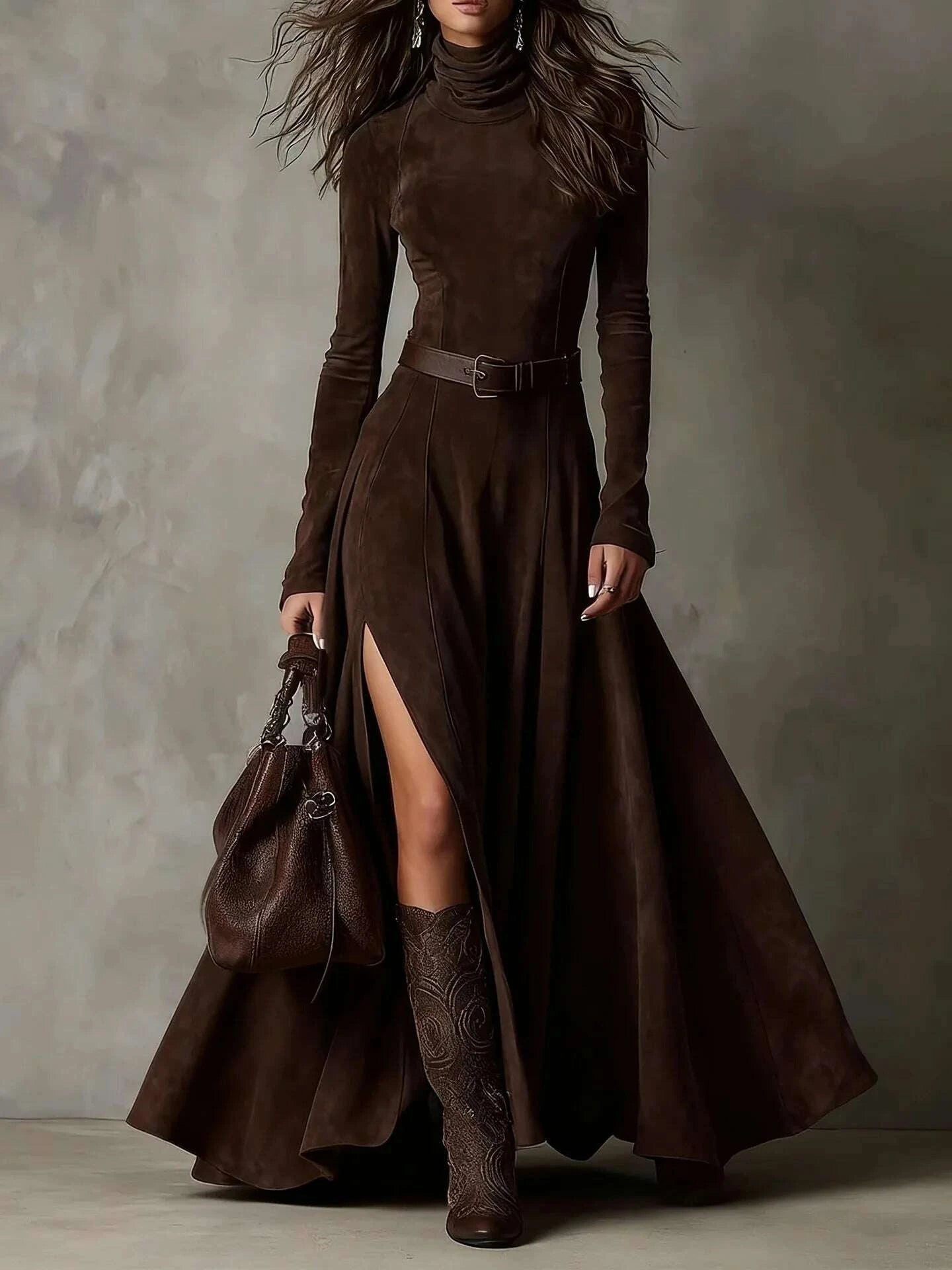 fashion-elegant-long-sleeve-suede-party-dress-high-neck-solid-slim-side-split-long-dress-women-with-belt-high-street-maxi-dresskimludkimlud-35558250