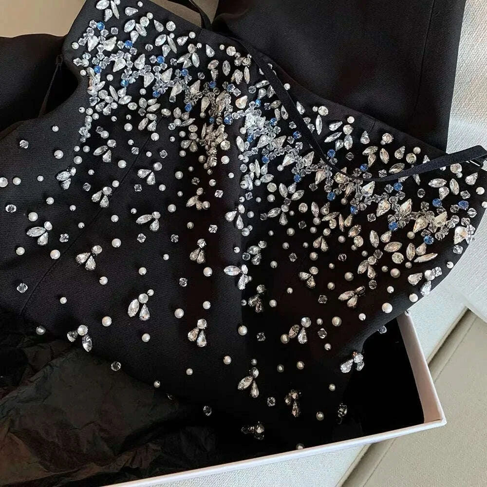 KIMLUD, Spring Women Sleeveless Slash Neck Mini Dress New Luxury Diamonds Chest Wrapping Dresses Summer High Waist Backless A-line Dress, KIMLUD Womens Clothes