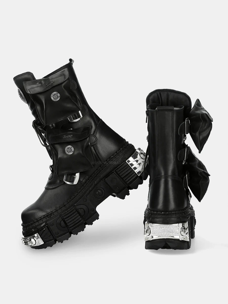 2024 New Punk Women Platform Ankle Boots Female's Rock Round Toe Lace Up Fashion Retro Chunky Shoes Metal Decor Short Boots