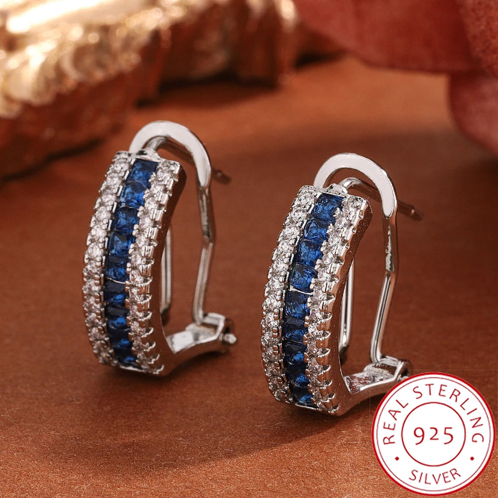 Sterling Silver Stud Earrings Blue Zircon — Blue | KIMLUD