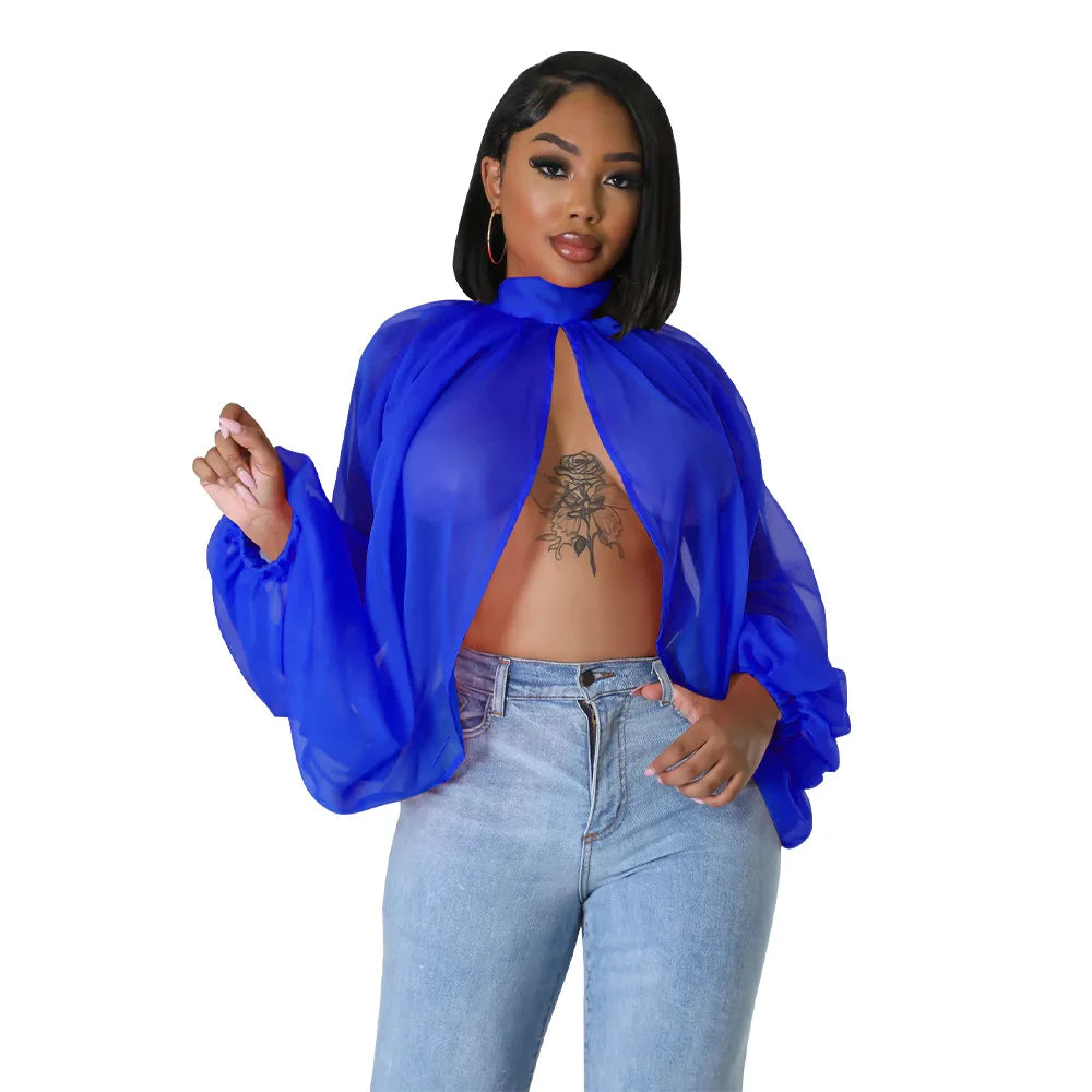Women See Through Sheer Chiffon Blouse Sexy Front Back Open High Neck Self Tie Shawl Casual Shirts Y2K Night Club Party Tops