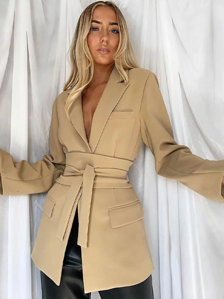 Cotton Lace Up Long Coat With Lapel Neck And Shoulder Pads — Beige | KIMLUD