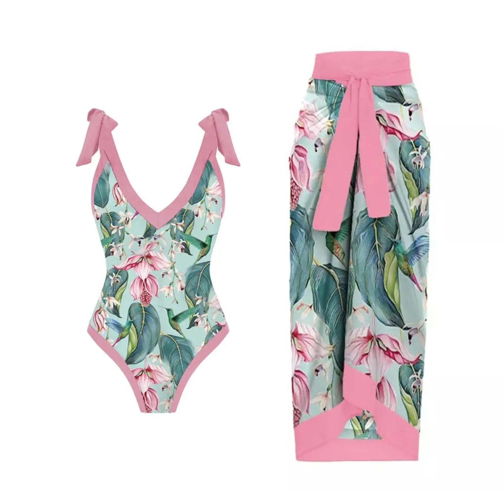 Halter Floral One Piece Swimsuit Skirt — Green | KIMLUD