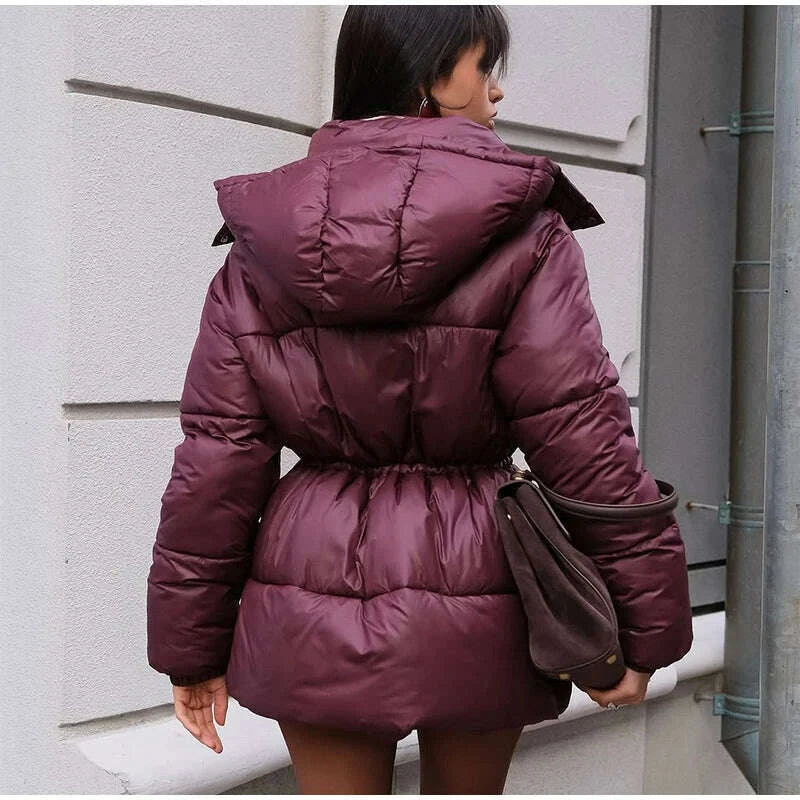 KIMLUD, Women Solid Thicken Cotton Jackets Casual Stand Collar Zipper Long Sleeves Lace Up Detachable Hat Coat Winter Lady Warm Outwear, KIMLUD Womens Clothes
