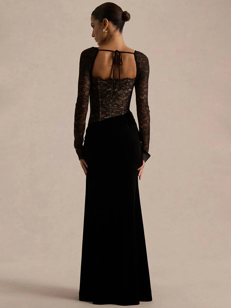 Lace Velvet Maxi Dress Square-Neck See-Through Backless — Black | KIMLUD