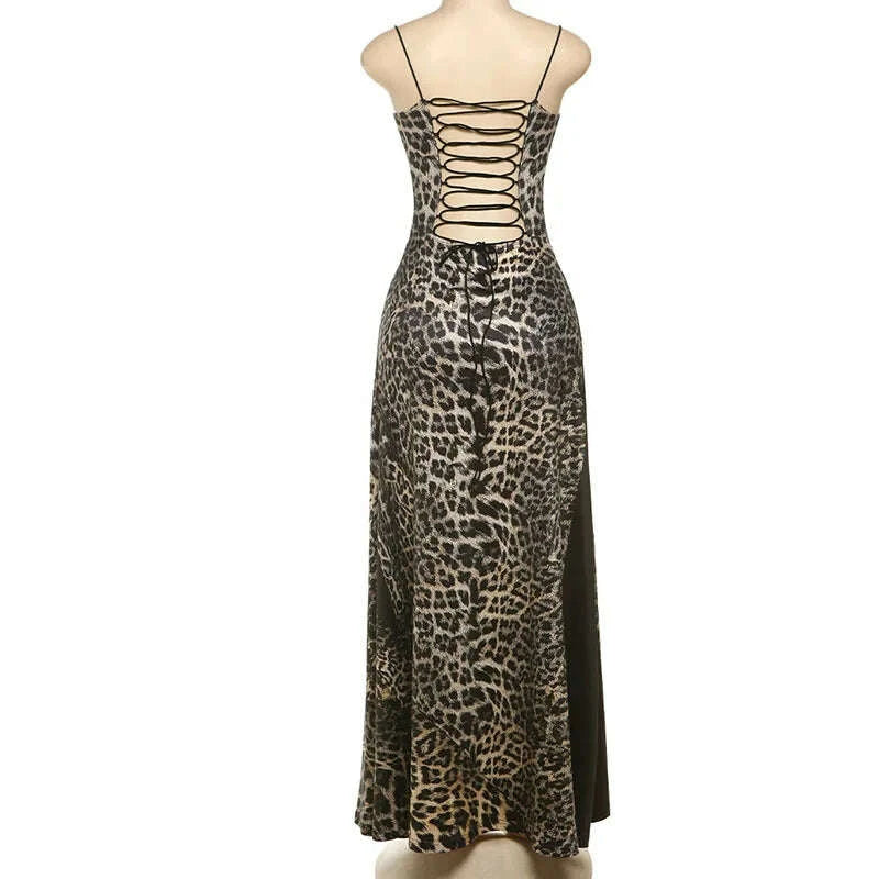 KIMLUD, 2025 Summer Fashion New Women's Elegant Strap Leopard Pattern Street Style Printed Slimming High Waist Long Dress, KIMLUD Womens Clothes