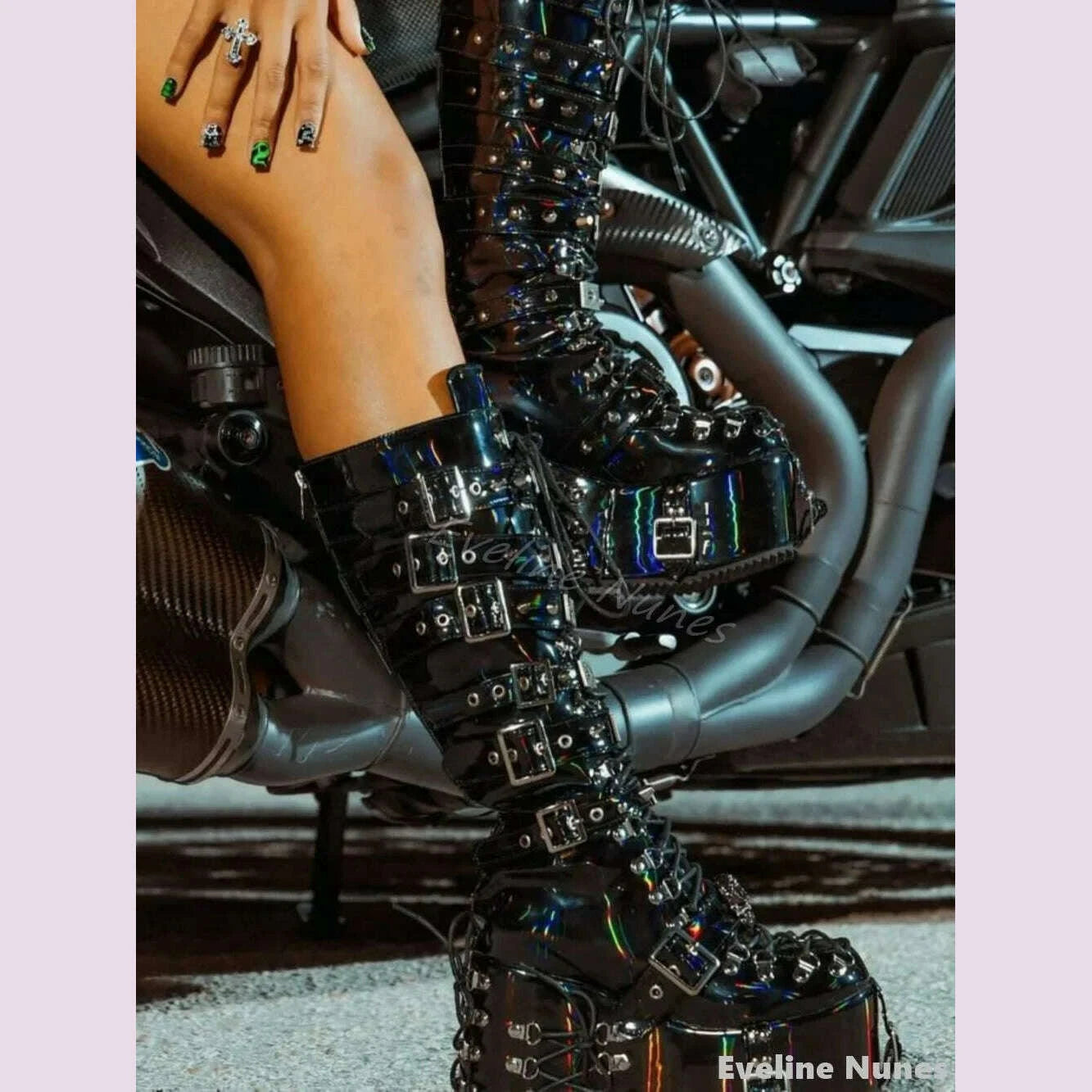 KIMLUD, Colorful Black Belt Buckle Knee High Boots Women Round Toe Cross Tied Leather Metal Decoration Platform Boots Gothic Style Boots, KIMLUD Womens Clothes