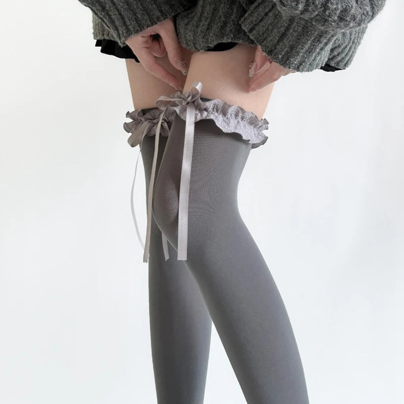 Women Lace Black White Ruffle Long Socks Women Girls Sweet Stockings JK Lolita Nylon Lace Leggings Over The Knee Bowknot Hosiery