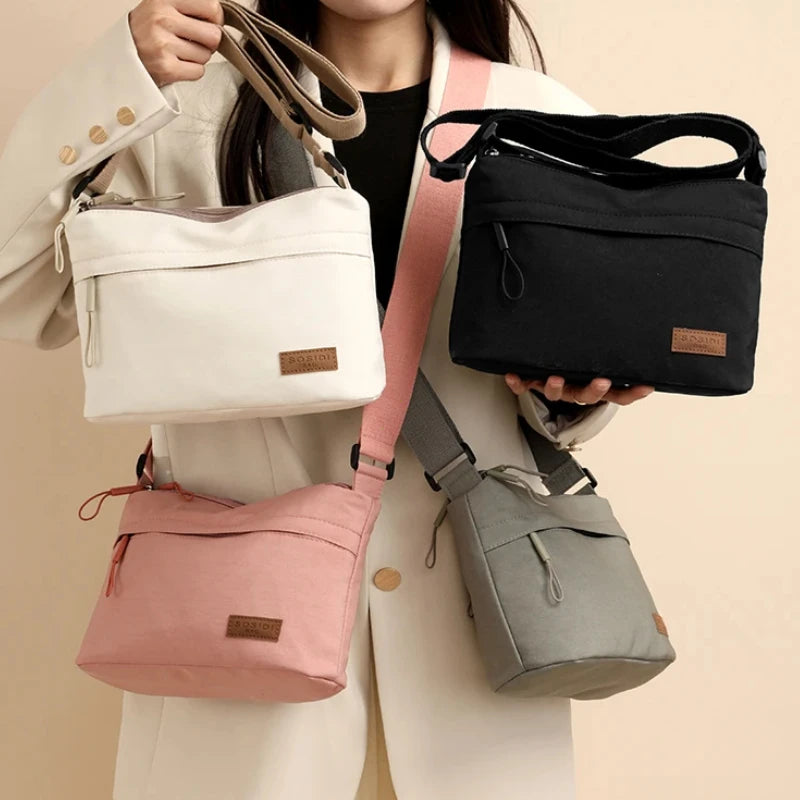 Canvas Textured Nylon Shoulder Crossbody Bag Multi Pocket — Cream | KIMLUD