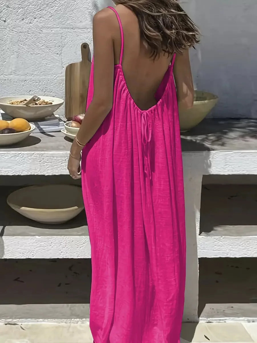 Polyester Slip Dress Backless Loose — Stone Beige | KIMLUD