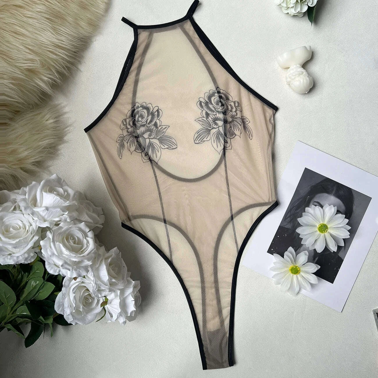 KIMLUD, Ellolace Elegant Sexy Lingerie Fascinating Rose Sheer Backless Bodysuit Tempted Honey Body Erotic Allure Dildo Women's Clubwear, KIMLUD Womens Clothes