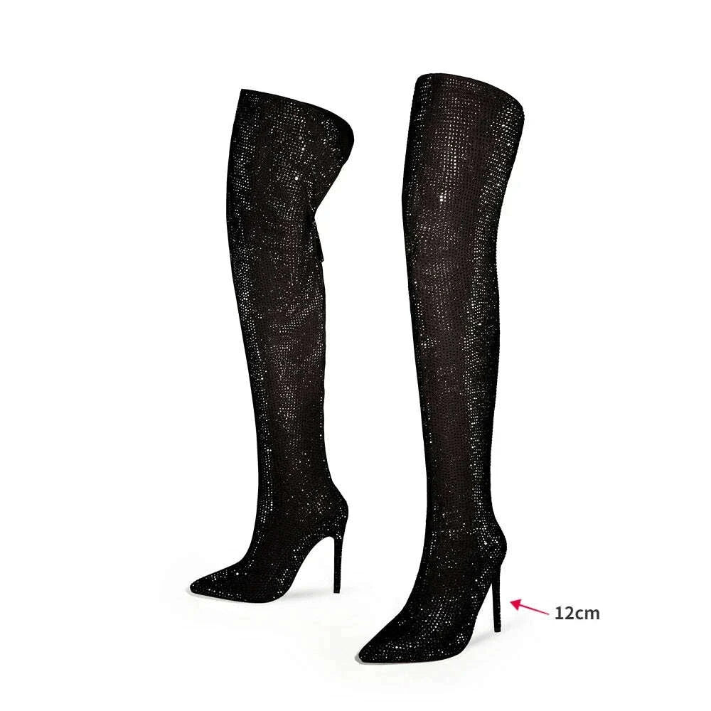 KIMLUD, High quality European and American knee length rhinestone pile boots for women's sexy slim high heeled pointed runway boots, KIMLUD Womens Clothes
