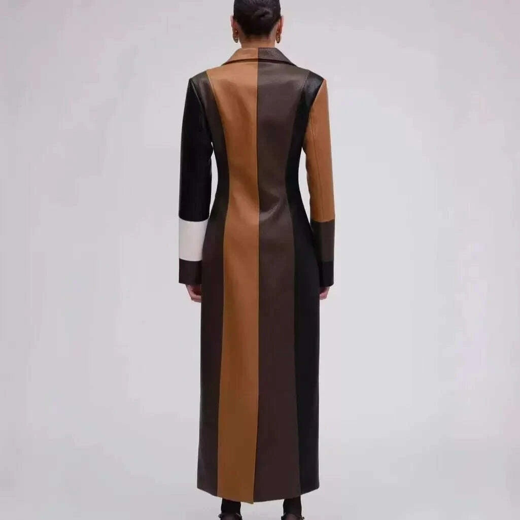 KIMLUD, Vintage Style V Neck Long Jackets Fashion Trench Turn-Down Collar Patchwork Single Button Long Sleeve Long Trench Coat for Women, KIMLUD Womens Clothes