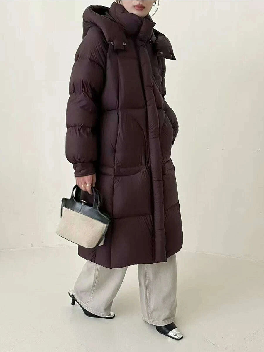 KIMLUD, Hirsionsan Winter Long Solid Hooded Puffer Clothing Women Loose Casual White Duck Down Jackets Retro Streetwear Simple Warm Coat, KIMLUD Womens Clothes