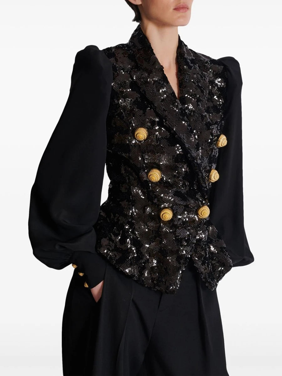 KIMLUD, TWOTWINSTYLE Fashion Slimming Spliced Sequins Blazers for Women Lapel Long Sleeves Tunic Patchwork Metal Buttons Blazer Female, KIMLUD Womens Clothes