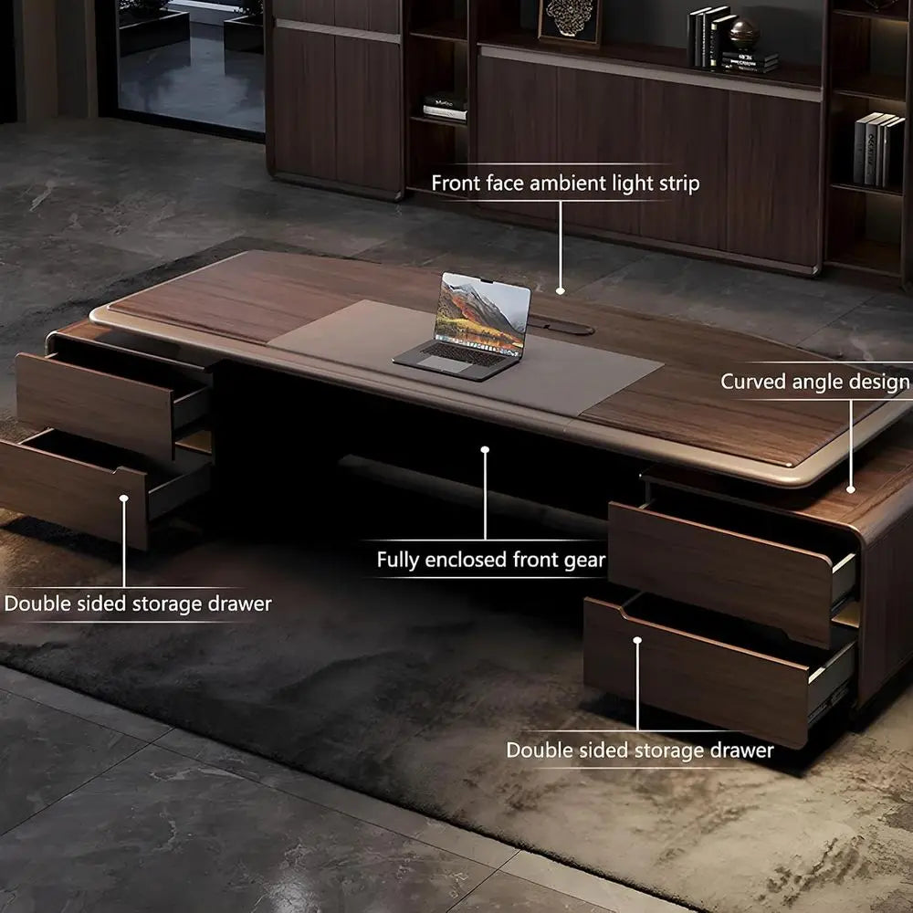 Solid Wood Desk With Drawers And Ambient LED Light — Espresso | KIMLUD