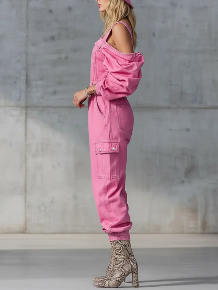 Denim Solid Jumpsuit Long Sleeve Loose — Blue | KIMLUD
