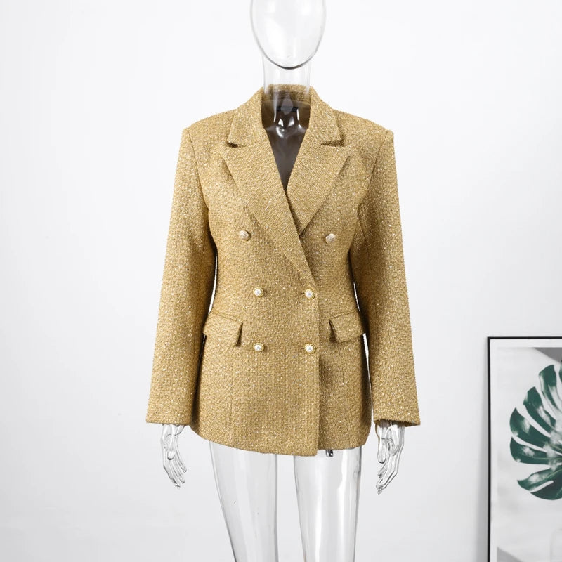 Elegant Paillettes Blazer Coat Women Lapel Doube-breasted Fake Pocket Slim Jackets Lady 2025 Autumn Winter Streewear Female New