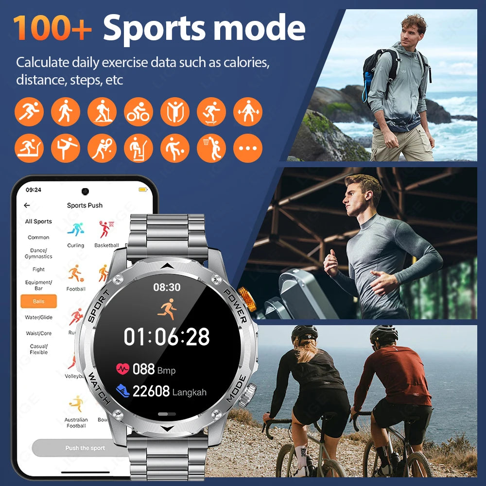 LIGE Smart Watch Man 1000mAh Long Standby Outdoor Smartwatch Men LED Flashlight Waterproof Heart Rate Sport BT Call Smartwatches
