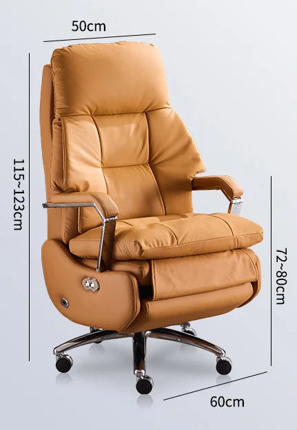 Brown office chair with features and dimensions on a white background