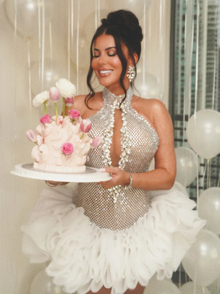 VC Shiny Silver Sequins Beaded Short Prom Dress Luxury Rhinestones Key Hole Halter Backless O Neck Short Tulle Cocktail Dress