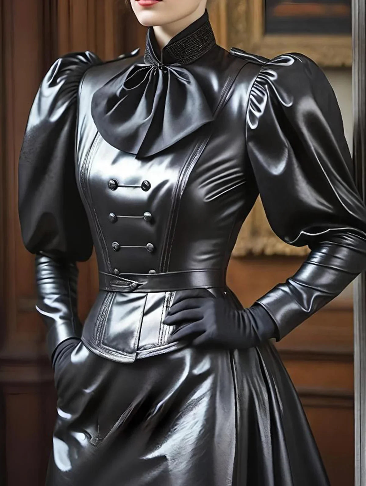 Faux Leather Top – Stand Collar Lantern Sleeve – PU | KIMLUD