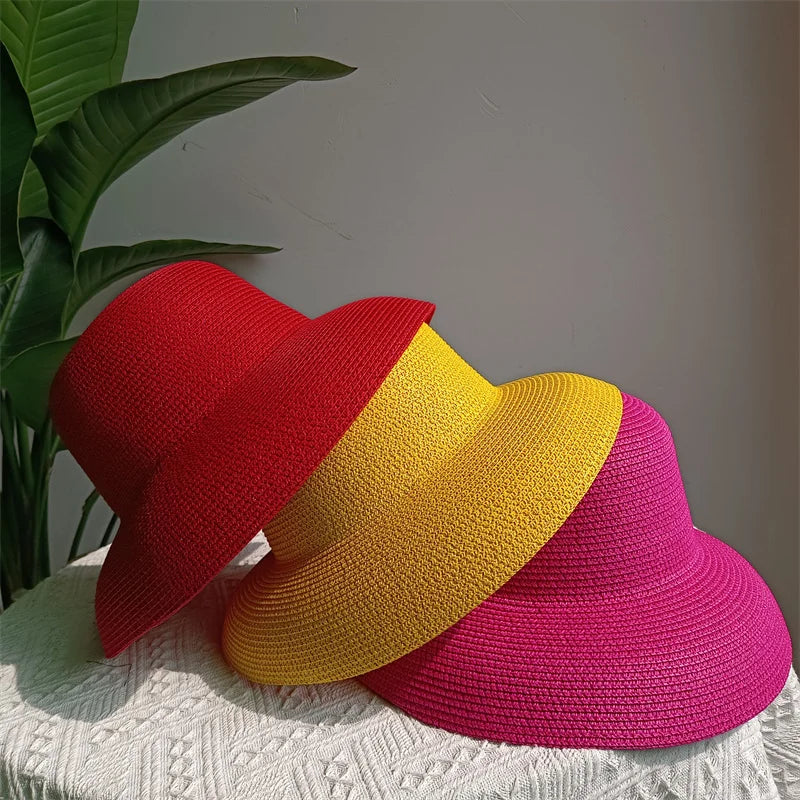 Straw Hepburn Sun Hat Wide Brim Foldable — Natural | KIMLUD