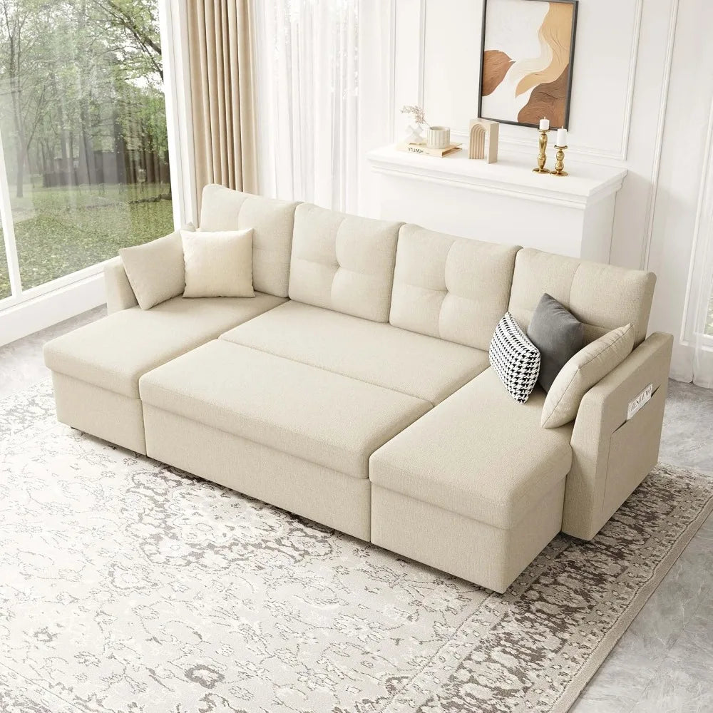 Microfiber Sleeper Sofa 2-In-1 With Storage Chaise — Beige | KIMLUD