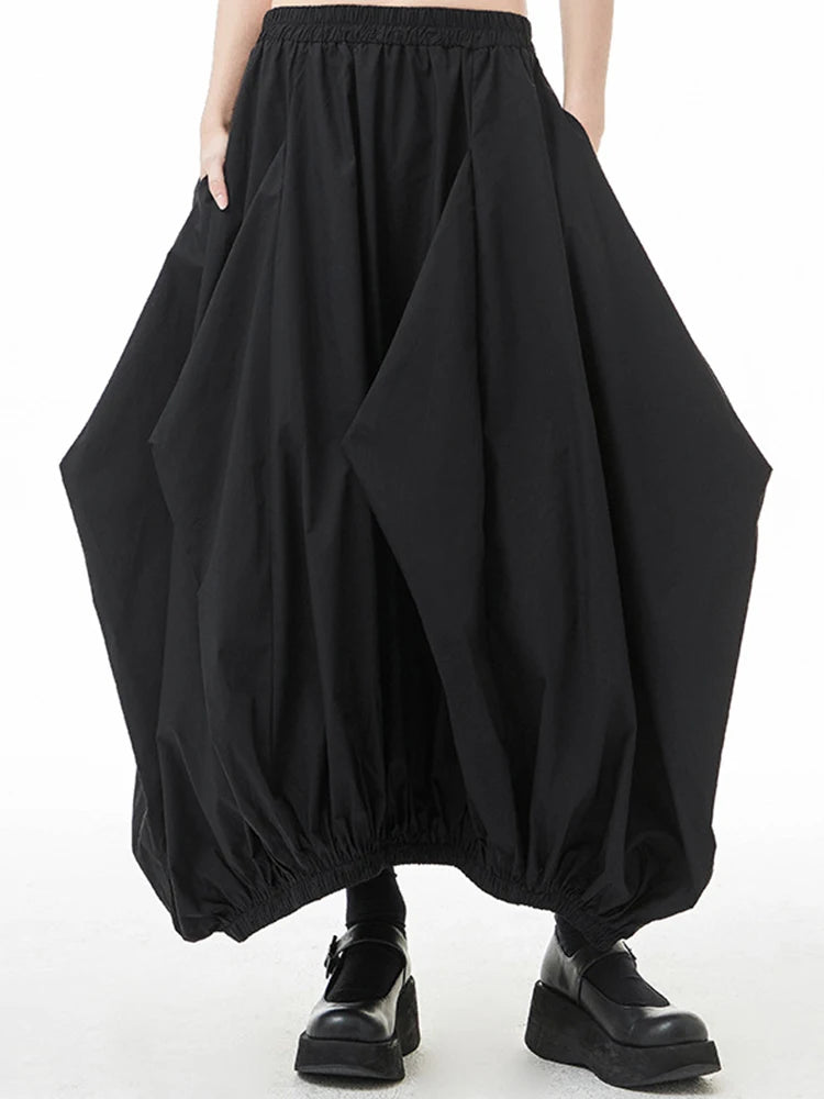 Skirt – High Elastic Waist – Irregular Pleated Long – Black | KIMLUD