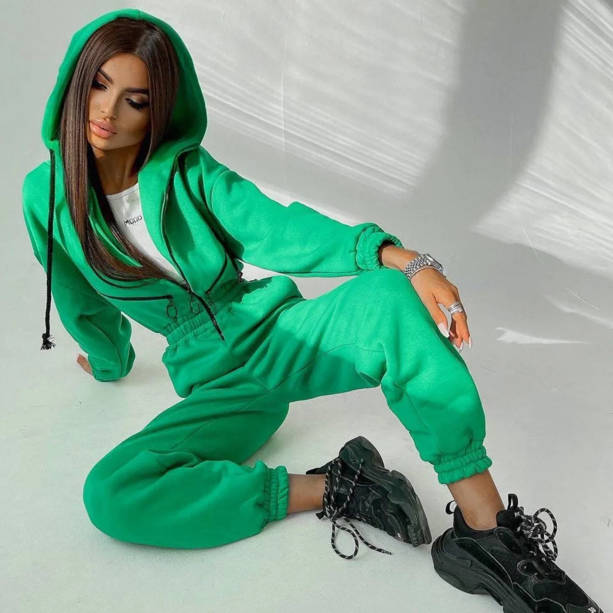 Hooded Jumpsuit – Sportswear – Polyester – Women's | KIMLUD