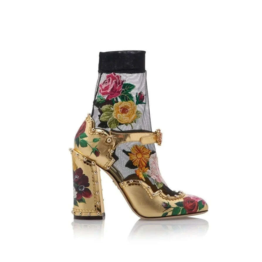 KIMLUD, Gold Flower Pattern Buckle Pumps Pointed Toe Chunky Heel Fashionable Sexy 2025 Summer Big Size Woman Shoes Zapatillas Mujer, KIMLUD Womens Clothes