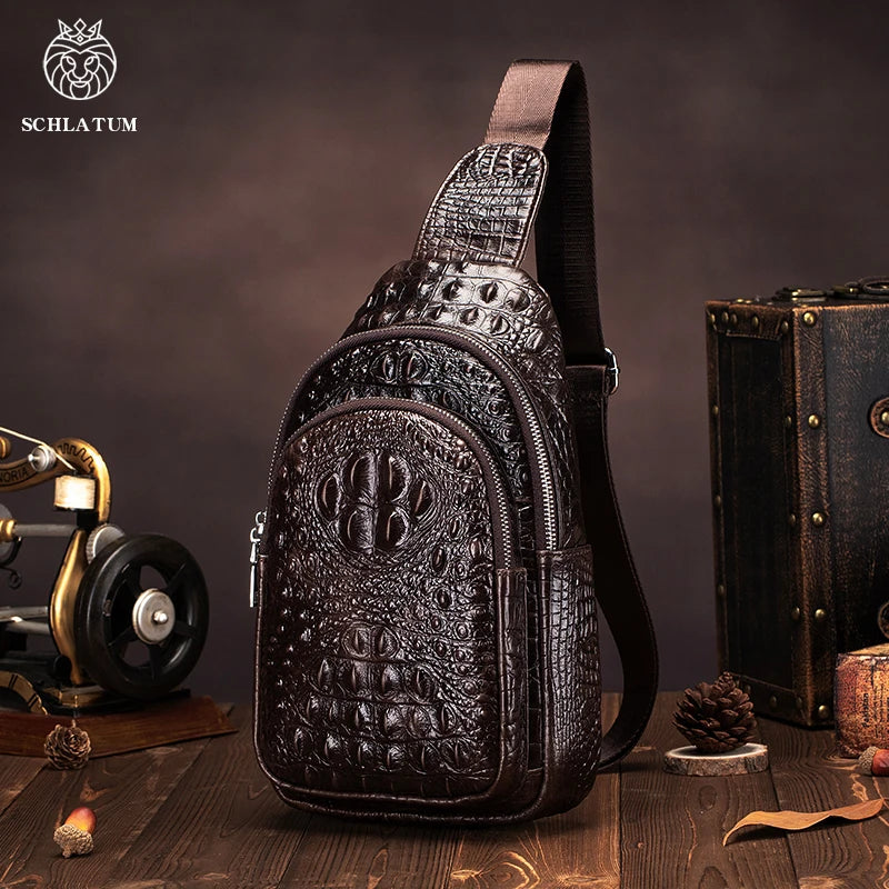 Genuine Leather Crossbody Bag Vintage Crocodile Pattern — Cognac | KIMLUD