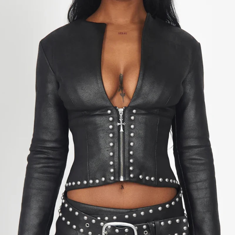 Jacket Skirt Set - Studded Trim - Cropped Zip-Up - Women | KIMLUD