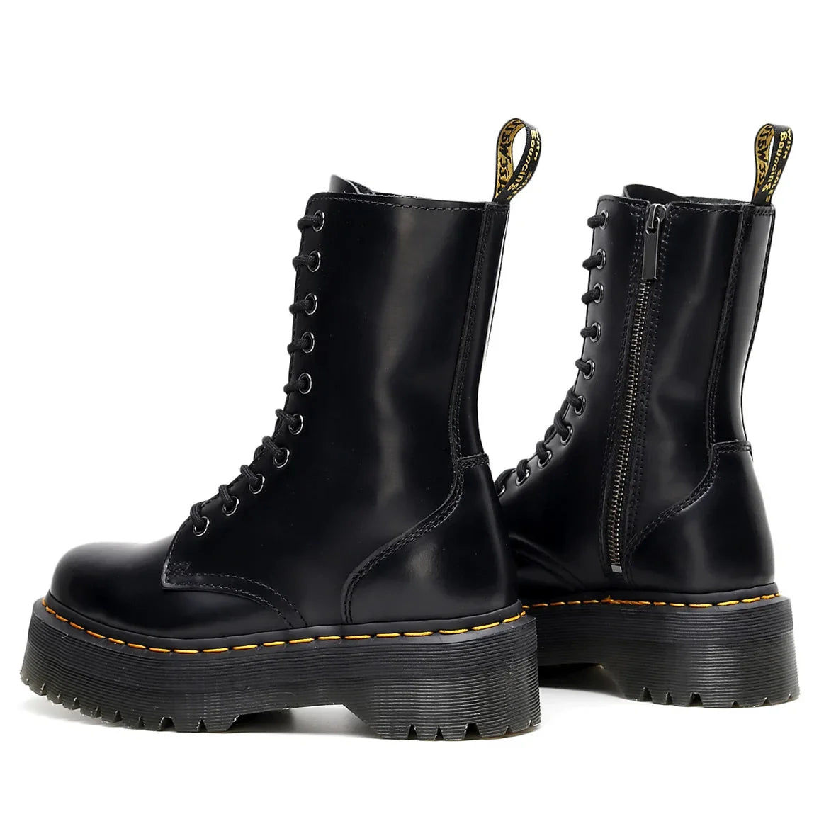 Women's Motorcycle Boots 10 Holes Thick Bottom Side Zipper British Style Long Booties Flatform Work Boots round Toe Mid Heel