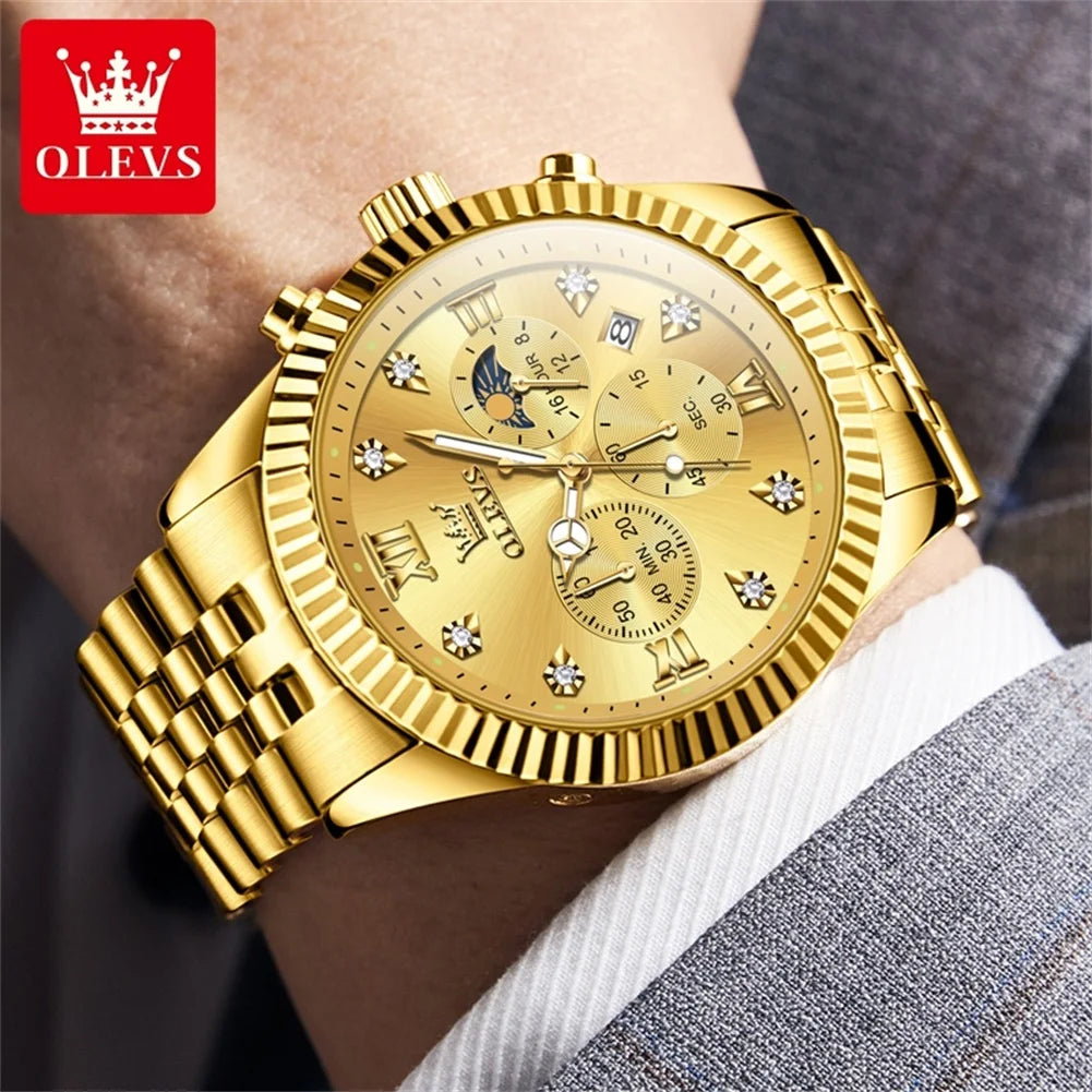 OLEVS 2932 Men's Luxury Watch Fashion Multi functional Waterproof Lunar Phase Chronograph Code Watch High end Brand Quartz Watch