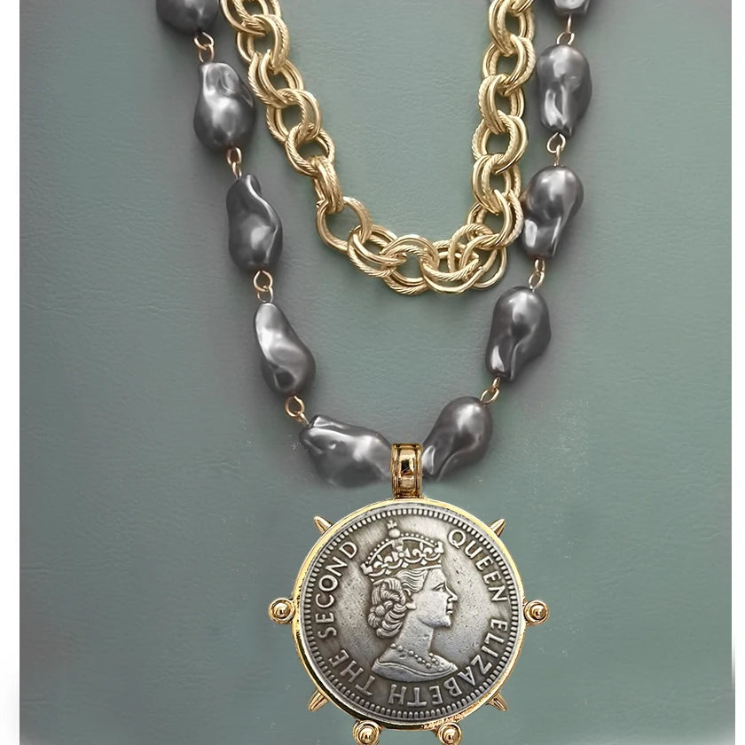 Choker Necklace - Coin Charm Pendant - Cubic Zirconia - Grey | KIMLUD