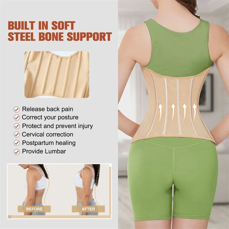 U-Shaped Waist Trainer Corset Steel Boned — Light Pink | KIMLUD